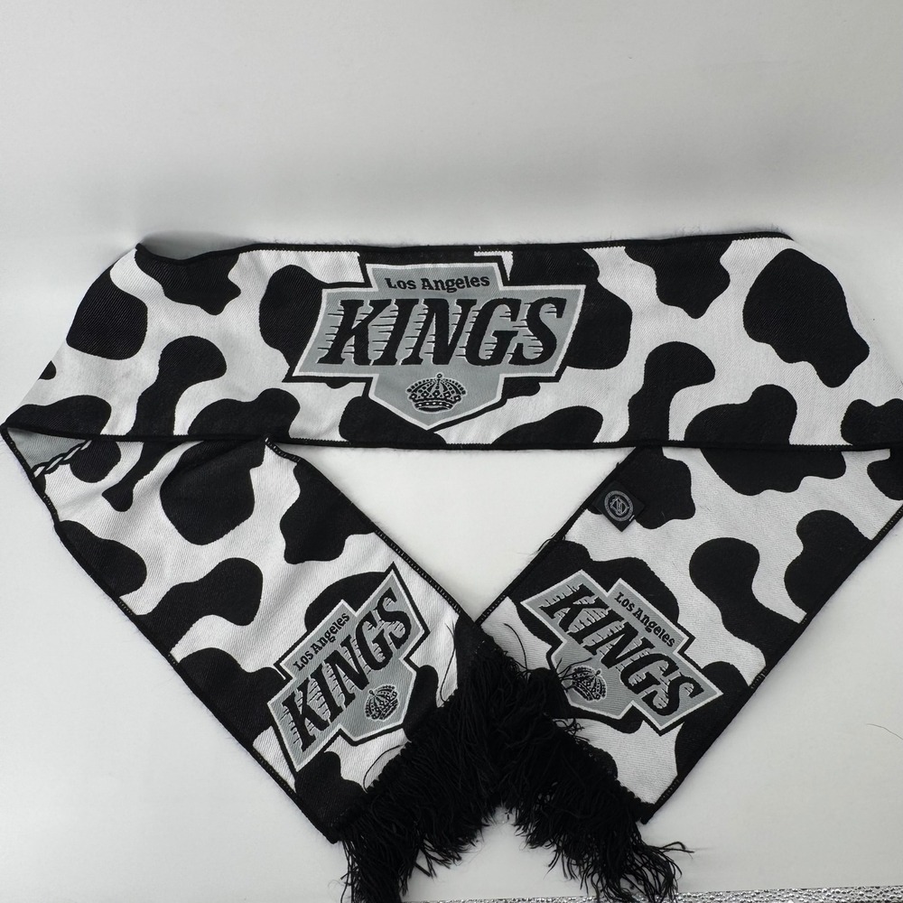 NHL Los Angeles Kings Cow Print Knit Scarf Black White Fringe LA Hockey Fan Gear